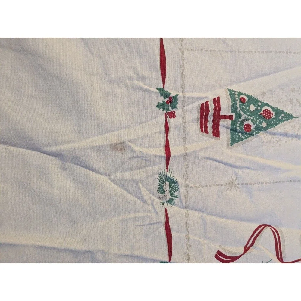 Vintage 50s Rectangle Christmas Tablecloth MCM Cotton Bells Trees  Candles *Flaw